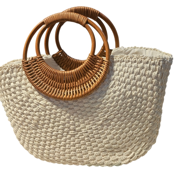 The Sak Handbags - The Sak Cream Woven Tote Bag with Tan Handles